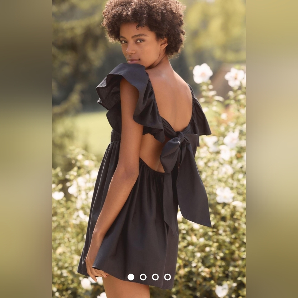 Anthropologie Black Ruffle-Sleeve Open-Back Mini Dress Size XL 100% Cotton NwT